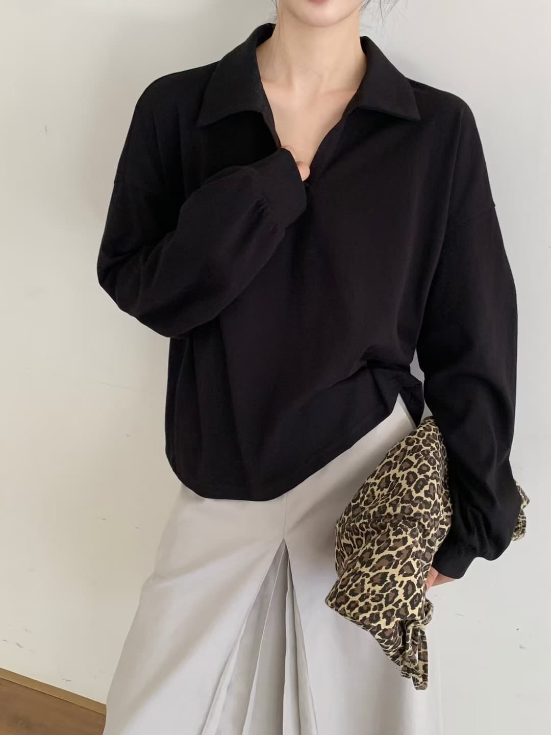 Polo Neck Sweatshirt for Women, Early Spring Thin Style 2026 New Loose Fit Slimming Versatile Korean School Style Pullover Top