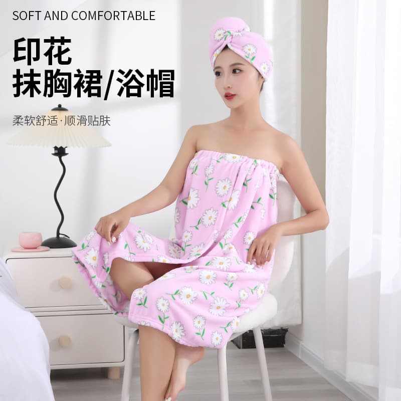 Printed Strapless Dress Bath Cap Women's Soft Absorbent Summer Bath Towel Robe Hair Drying Cap Two-Piece Set Polyester Cotton