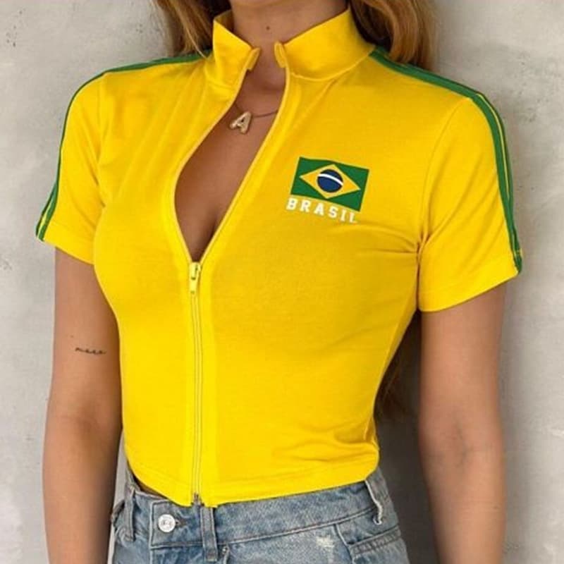 2025 New Cross-Border Brazil Print Line Casual Zip-Up Summer Slim Street Style Women's T-Shirt