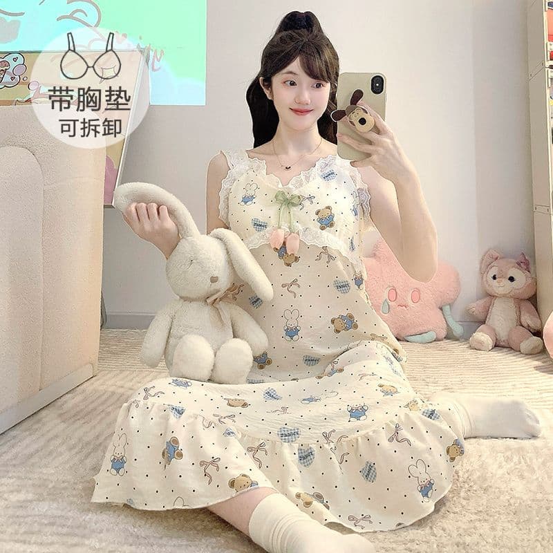 Sweet Cartoon Camisole Cloud Cotton Nightgown Women's Summer Cute Princess Style with Removable Pads Plus Size Sleep Dress
