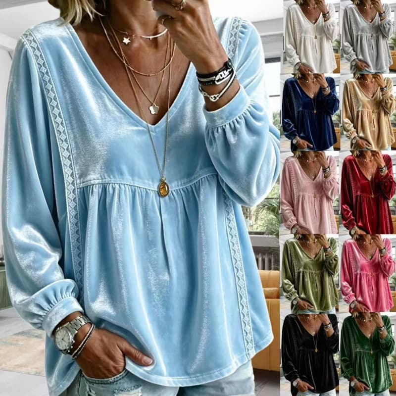 2026 Autumn foreign trade European and American cross-border new women's clothing V-neck lace velvet casual loose long-sleeved top shirt
