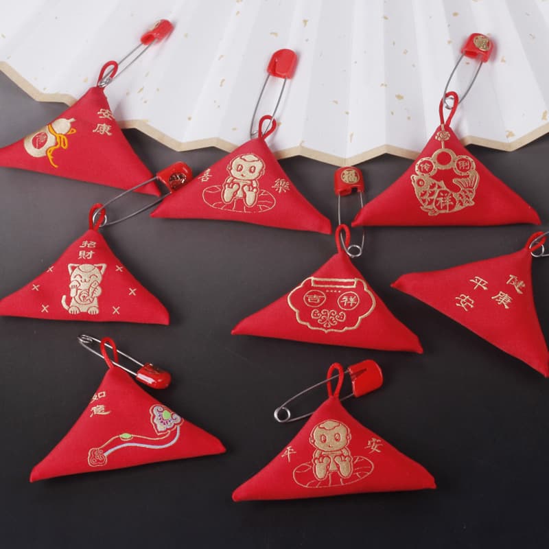 Zodiac Children Triangle Bags Red Safety Pouch Bag Embroidery Carry-on Hanging Neck Pins