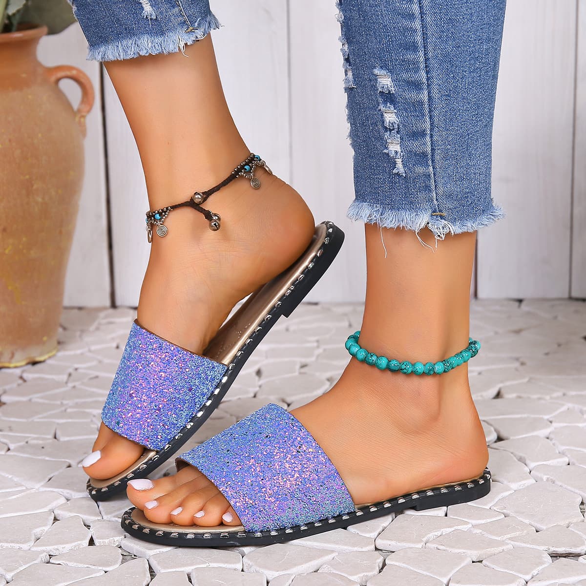 Women's Slippers Southeast Asia Large Size Glitter Flat Sandals Sparkly Rhinestone Slide Sandals