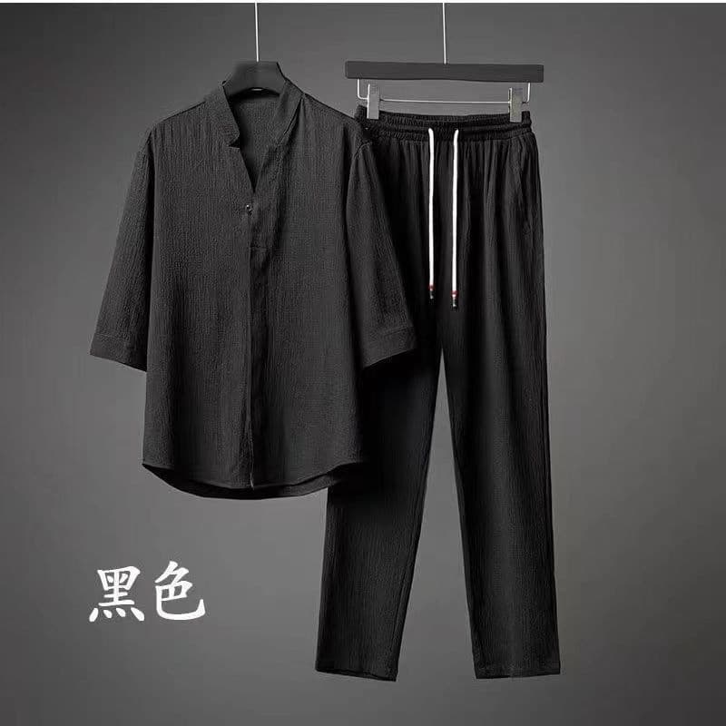 Cross-Border Amazon Popular Summer Thin Quarter-Sleeved Casual Suit Men's Two-Piece Set