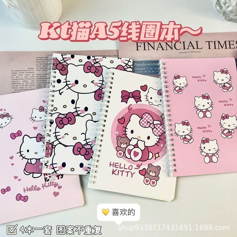 This notebook features high-quality, cute cartoon characters like Hello Kitty and Pacha Dog. It's an A5 spiral notebook, thick and extra-thick, perfect for students and workbooks.