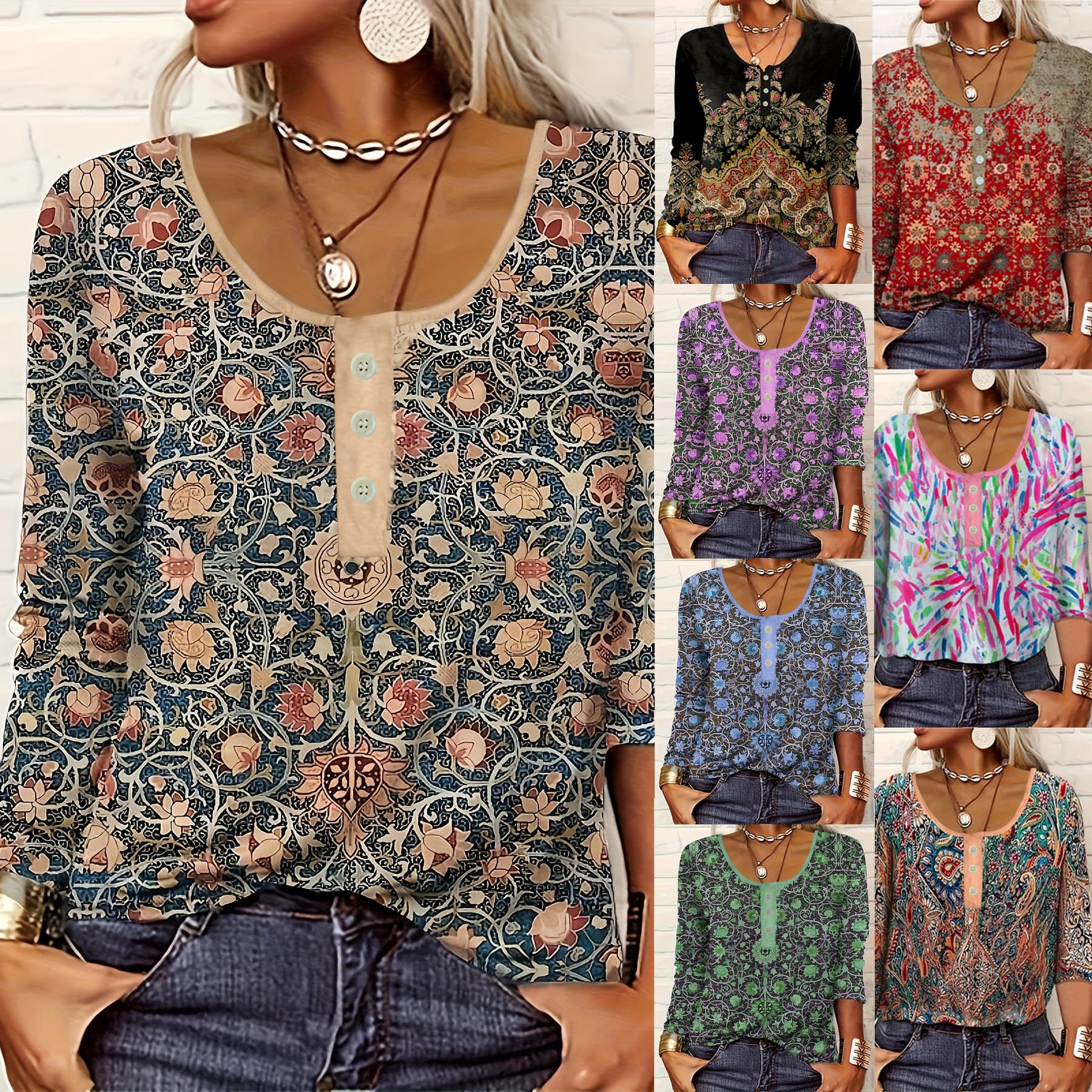 2024 European and American Amazon TEMU Independent Website Women's V-neck Casual Ethnic Style Printed Button Plus Size Women's T-shirt