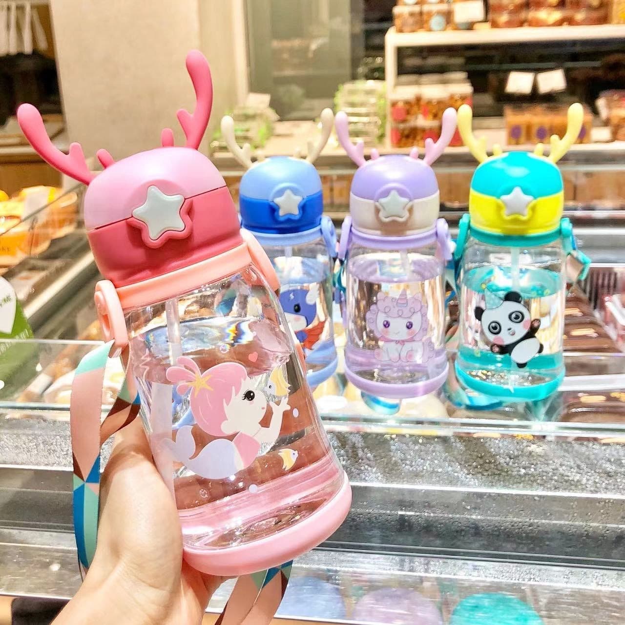 Antler Plastic Straw Cup Cartoon Children's Plastic Cup Portable Large Capacity Outdoor Water Bottle with Strap