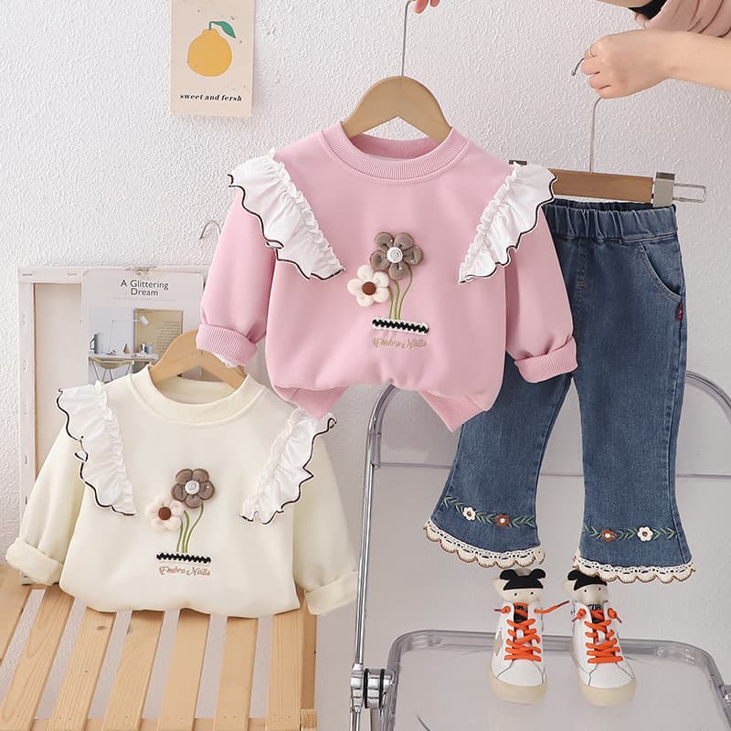 2-Year-Old Baby Girl Lace Sleeve Hoodie 2025 Spring Autumn New Little Girl Trendy Denim Pants Kids Two-Piece Set
