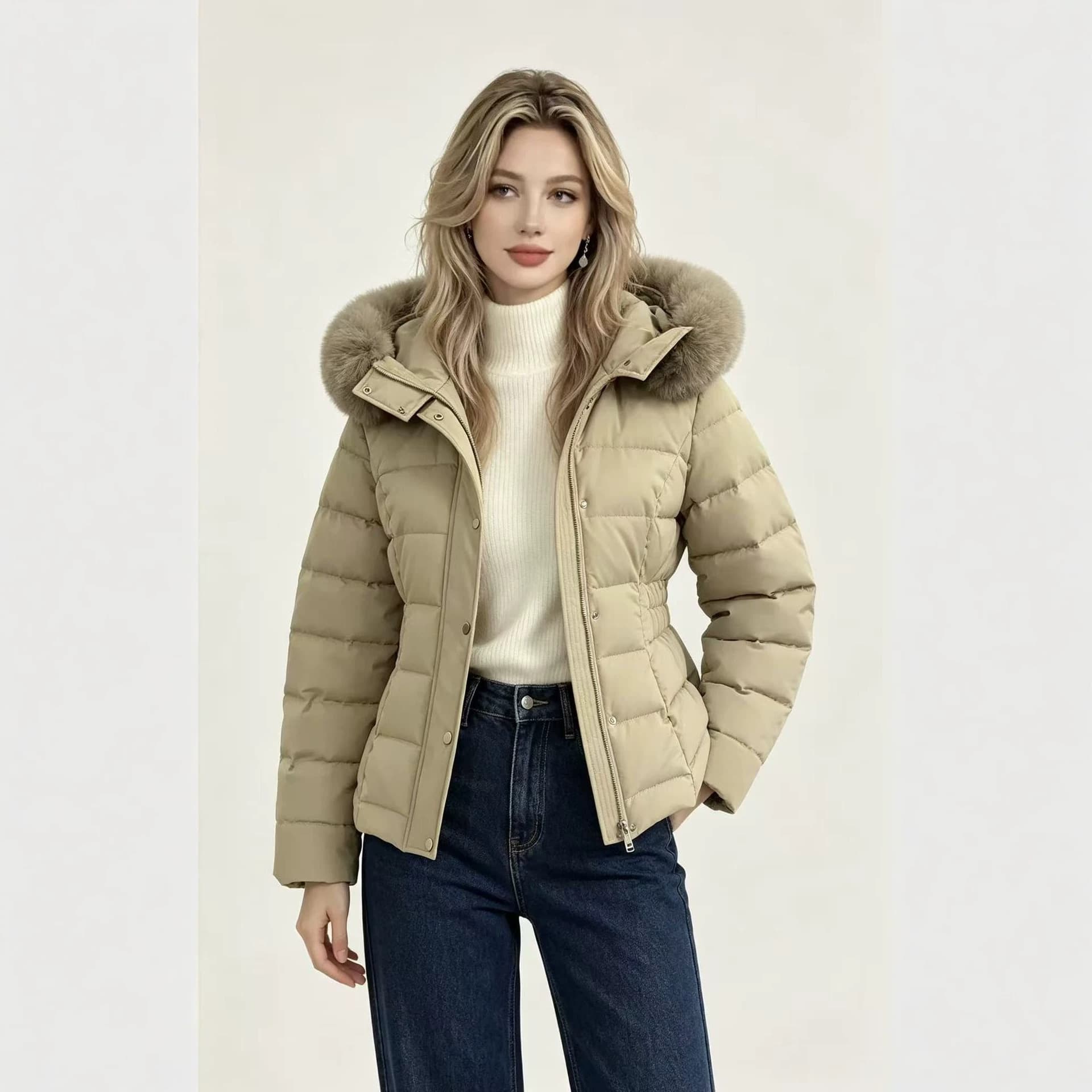 Korean-style Big Fur Collar Cotton Coat for Women, 2026 Winter Short Fitted Waist-Slimming Petite Warm Thick Outerwear