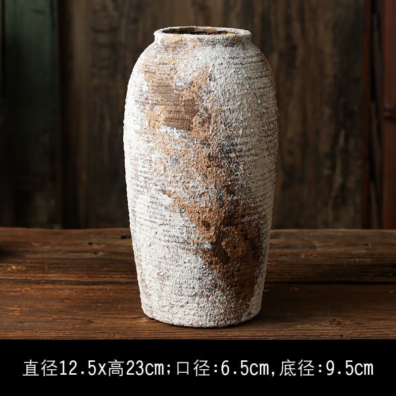 Wabi-sabi style vintage rough ceramic vase decoration, high-end feel for living room, tea room, homestay, Zen-style dried flower and hydroponic pottery jar