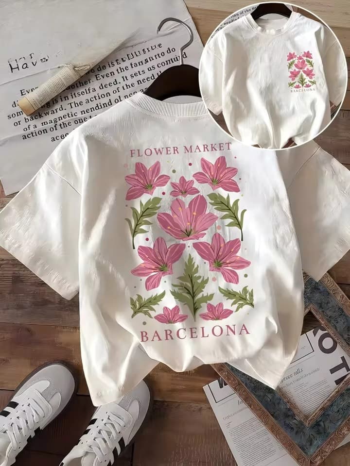 Cross-border EU size men's and women's BARCELONA floral print T-shirt, loose fit, versatile casual short-sleeve top for summer