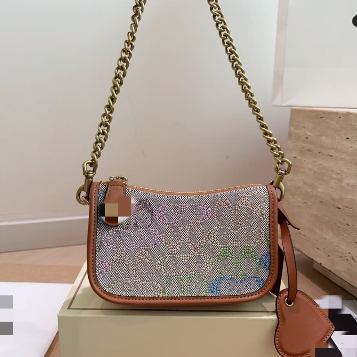 26 New Coach Diamond Print Chain Bag Commuter Casual Versatile Fashion Shoulder Handbag Crossbody Women's Bag
