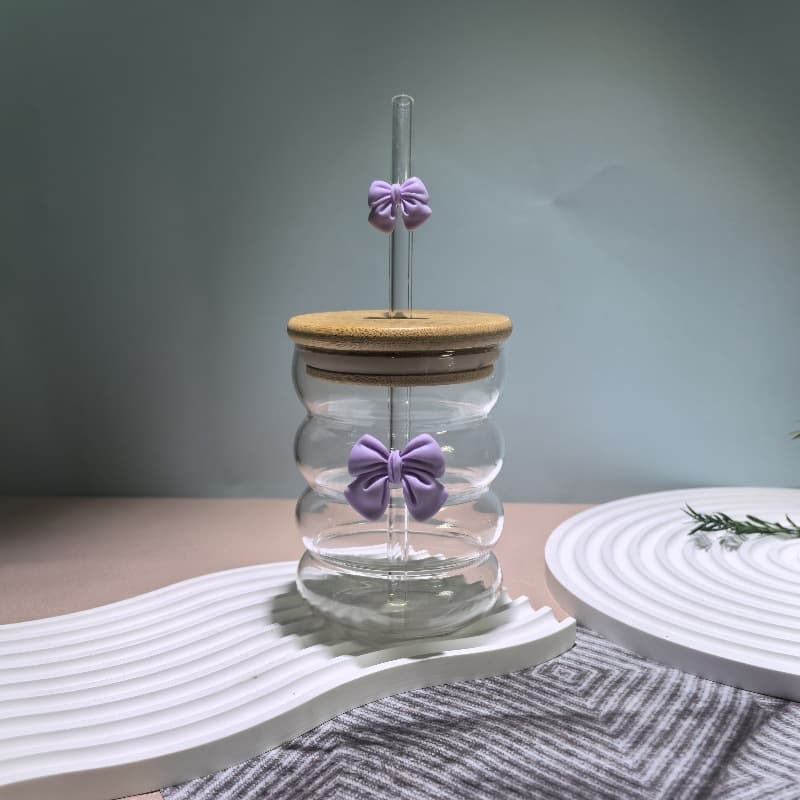 Cute Glass Cup Creative Straw Water Cup Home Use Girl with Bamboo Lid Juice Drink Milk Tea Cup Fresh Girly Style