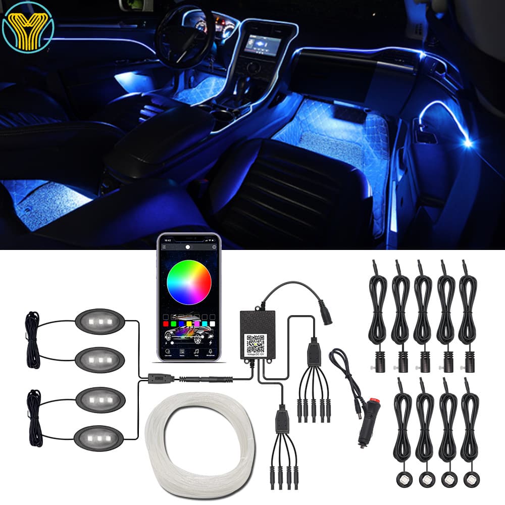 Car Cold Light Atmosphere Light Fiber Optic Linear Light APP One-to-Thirteen Cold Light Wire Remote RGB Footwell Atmosphere Light
