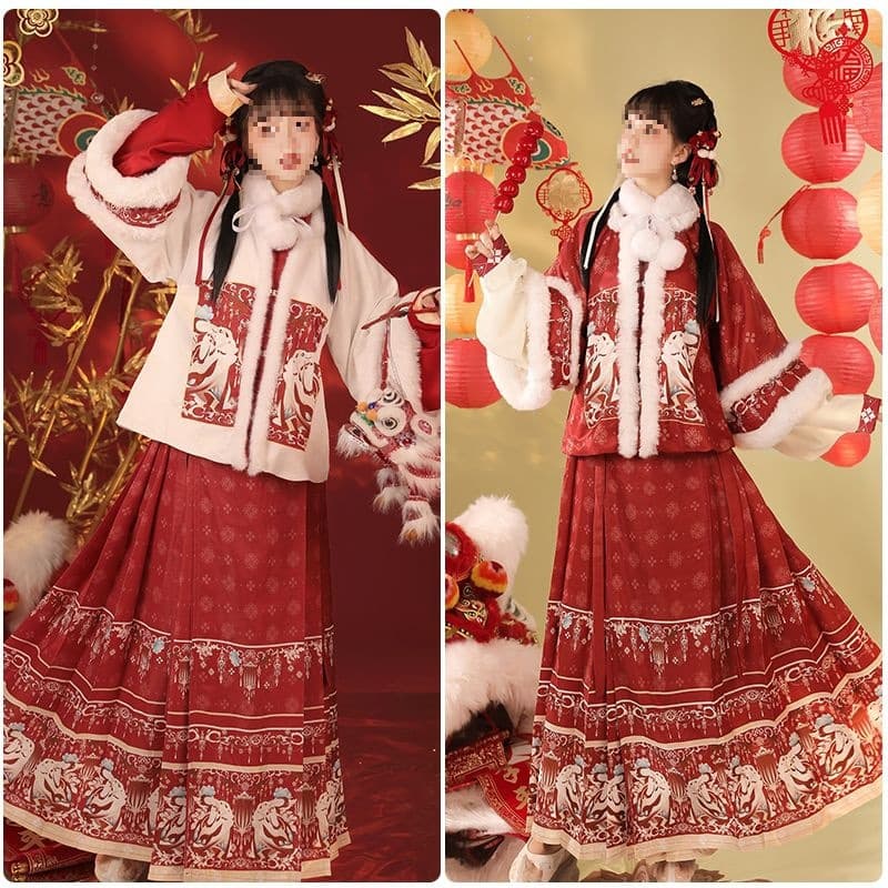 Huakai Banxia Original Hanfu "Moon Rabbit Welcomes the New Year" Women's Ming-style Collar Fleece-lined Half-sleeve Horse-face Skirt Winter Set