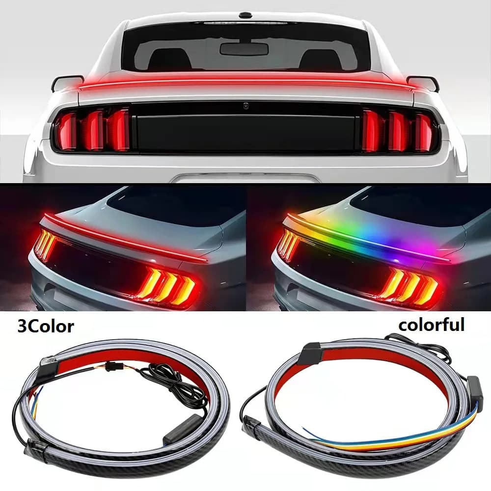 Car Rear Trunk RGB LED Spoiler Light Carbon Fiber Texture Brake Turn Signal Anti-Collision 12V Ambient Light 120cm