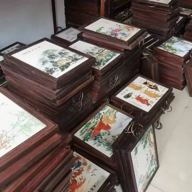 Jingdezhen Ceramic Painting Imitation Rosewood Four-Panel Screen Living Room Hanging Decoration Plum Orchid Bamboo Chrysanthemum