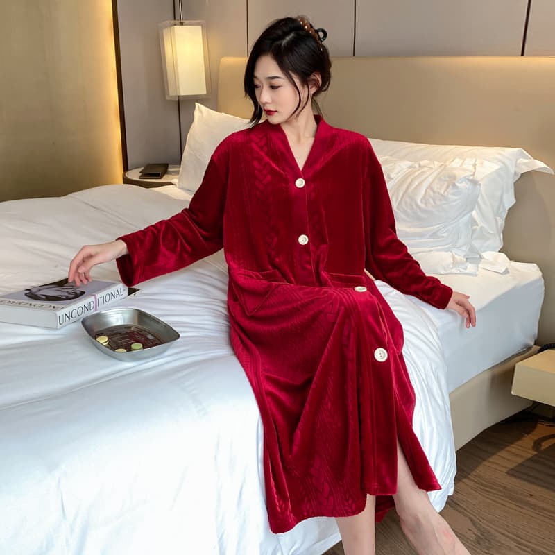 2025 New Spring Autumn Winter Cardigan Sleep Dress, Long Flannel Pajamas, Plus Size Loose Loungewear