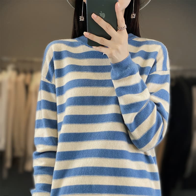 Cross-Border Spring New Striped Base Layer Women's Sweater Women's Summer Andy Fleece Plus Size Knitwear Warm Round Neck Casual