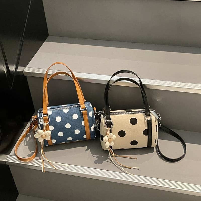 Korean Polka Dot Boston Bag, Light Luxury Niche Black and White Color-Blocking High-End Handbag, Trendy Fashion Crossbody Bag