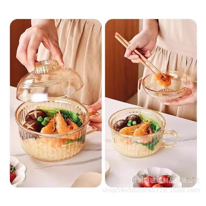 Large Glass Bowl with Lid, Transparent Noodle Bowl, Household Large Soup Bowl, Salad Bowl, Anti-Scalding Double Ear Bowl with Lid
