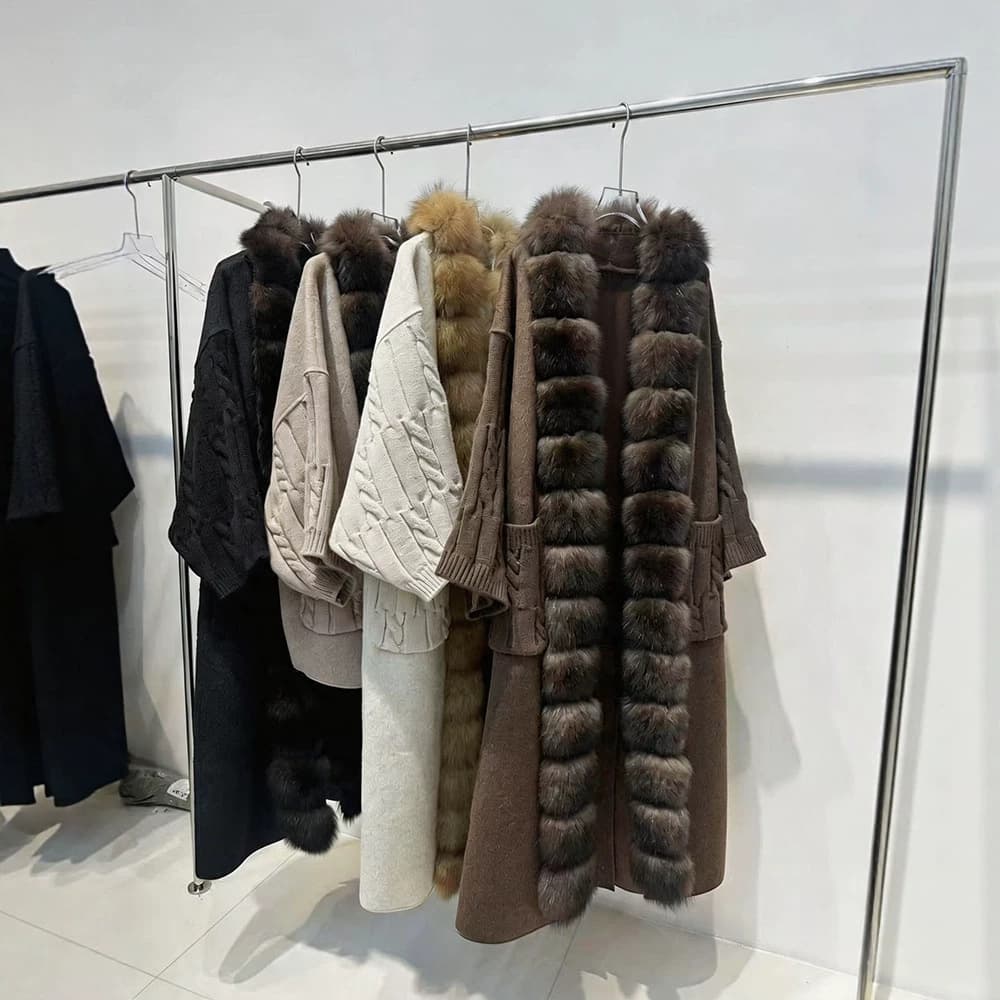 Autumn/Winter New European-American Loose Long Wool Coat with Fox Fur Collar and Batwing Sleeves for Women