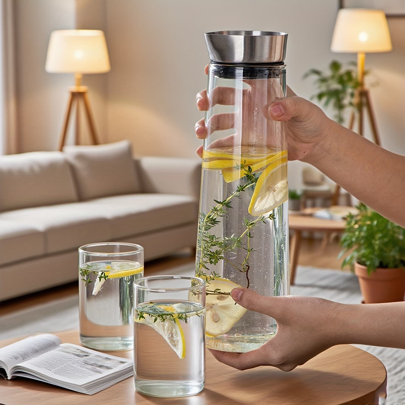 Glass Cold Water Pitcher, Large Capacity Straight Danish Jug for Home, Stainless Steel Lid, Cold Boiled Water Beverage Pitcher