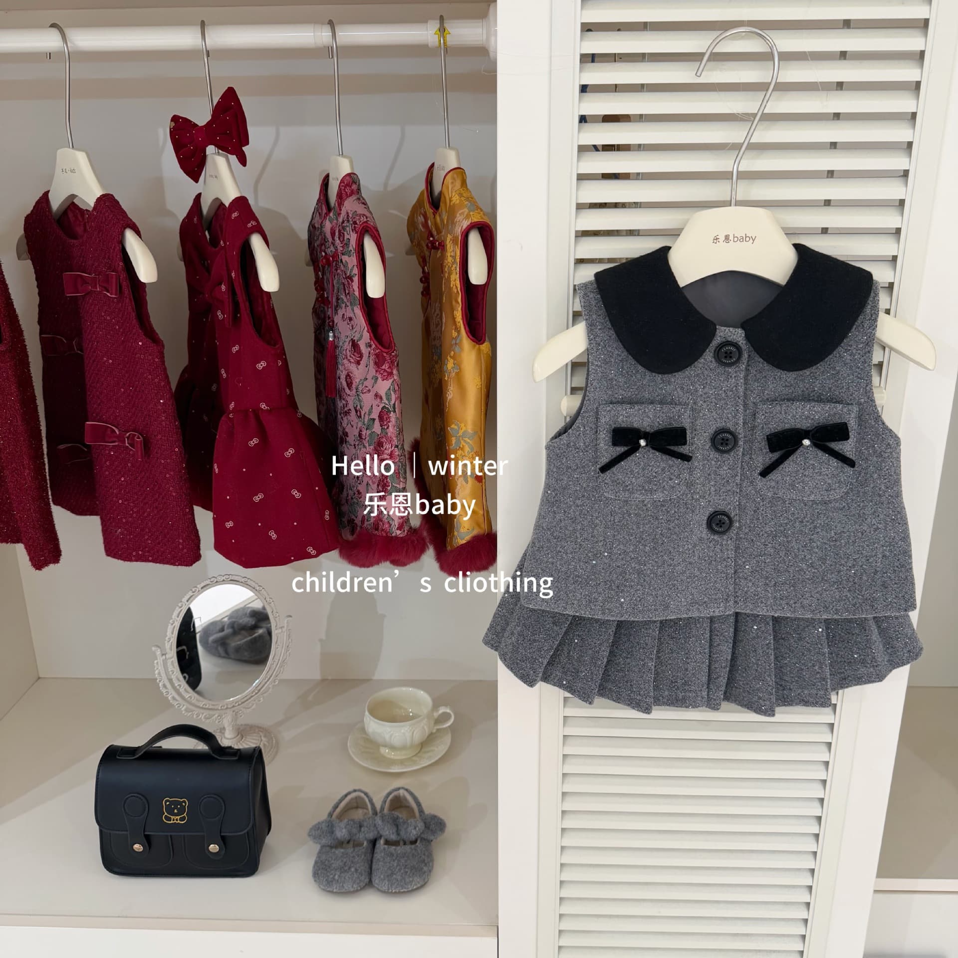 [Leenbaby] New Year's wear winter baby girl gray woolen vest pleated skirt preppy style princess two-piece set