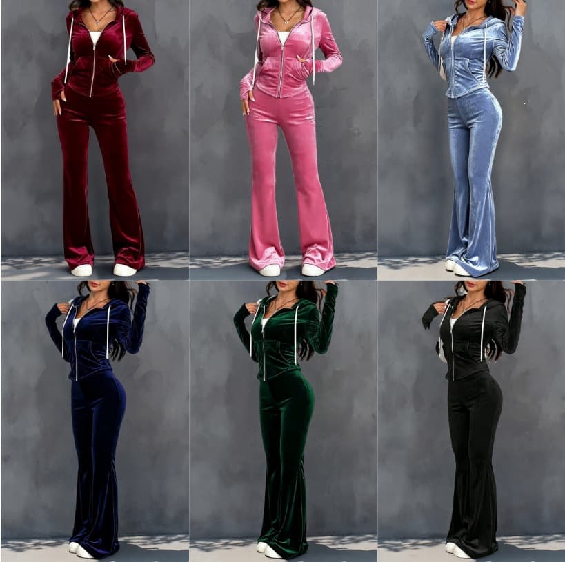 European and American Autumn/Winter New Women's Casual Chic Zip Hoodie High-Waist Pants Solid Velvet Set