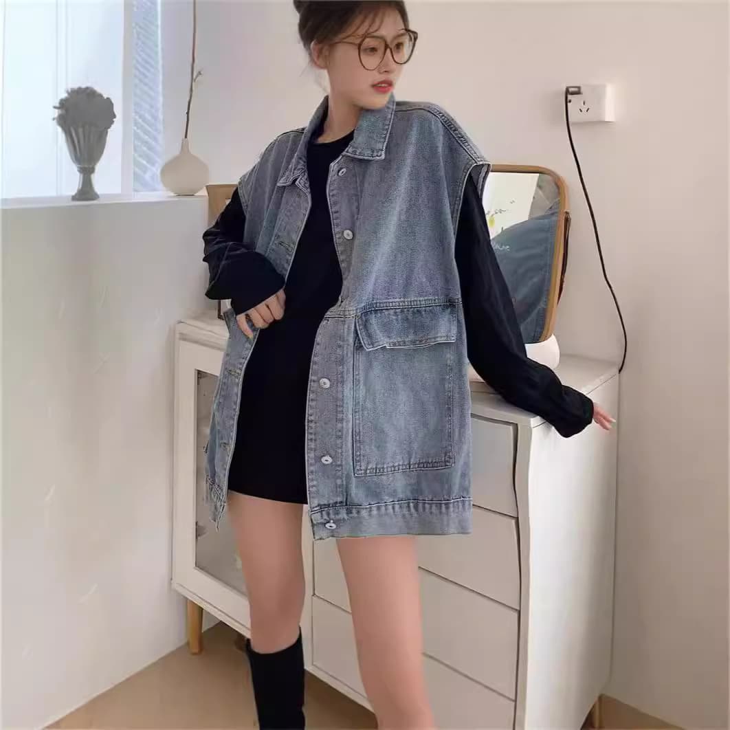 2026 Spring Autumn Women's New Korean Style Sleeveless Denim Vest, Mid-Length Loose Workwear Jacket