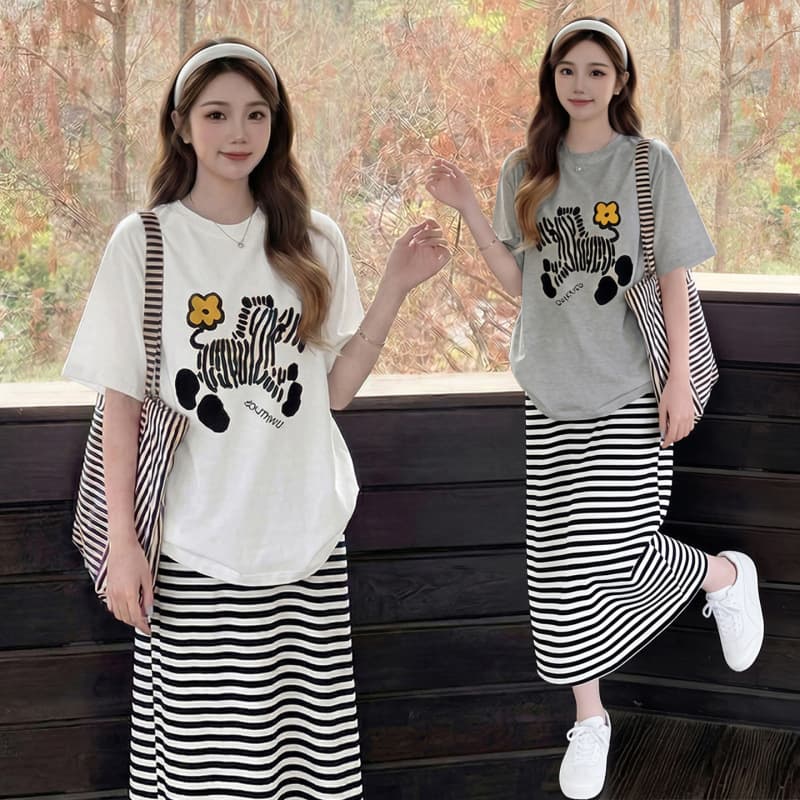 Maternity Midi Skirt Set Summer Korean Print Short Sleeve T-Shirt Conceal Belly Slimming Relaxed Petite Casual Outfit