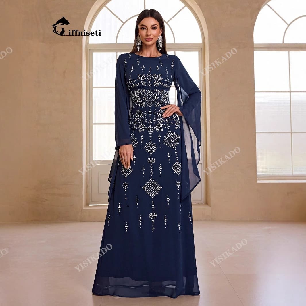 New ladies banquet evening dress, elegant hot diamond printed round neck irregular long-sleeved dress-KZN5008