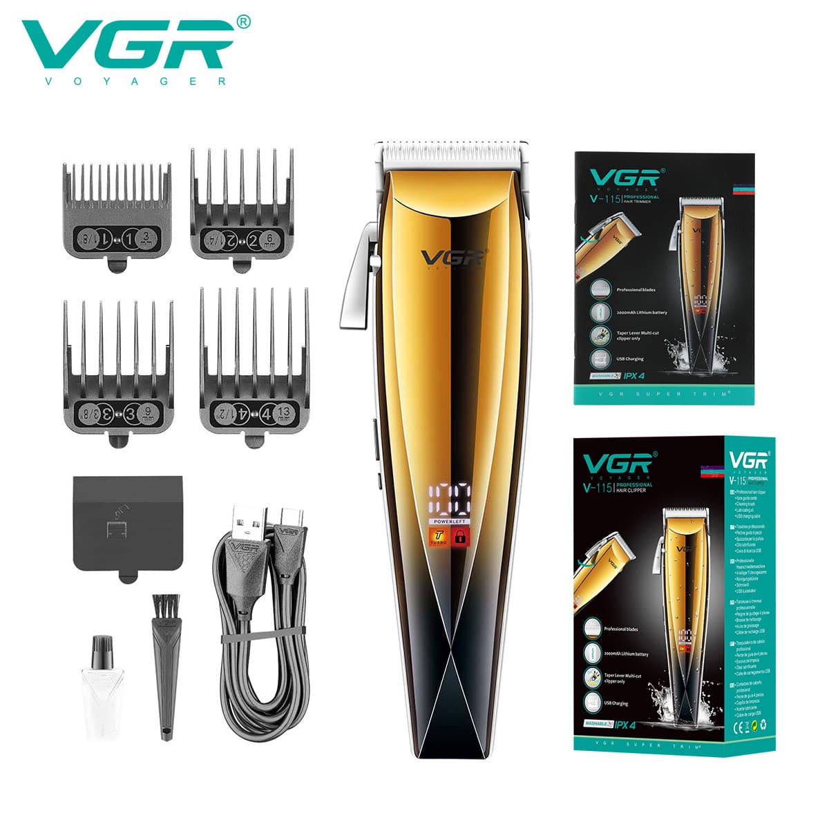 VGR115 Oil Head Carving Electric Clipper USB Rechargeable Hair Trimmer Waterproof Gradient LCD Electric Hair Clipper