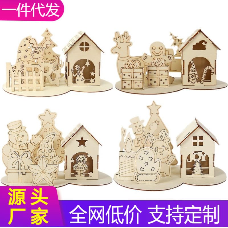 Christmas Decoration Cartoon Reindeer Christmas Tree Cabin Wooden Puzzle DIY Wooden Sign Desktop Ornament Decoration Supplies