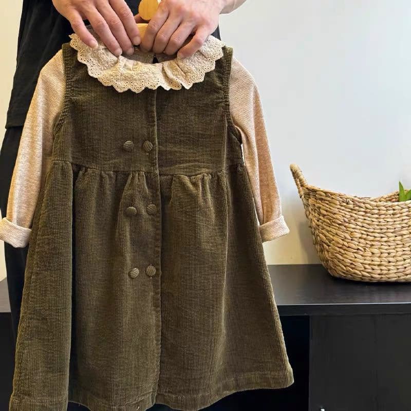 Girls' Set Corduroy Vest Dress with Lace Collar Undershirt Baby Two-Piece Outfit Trendy 0040A030