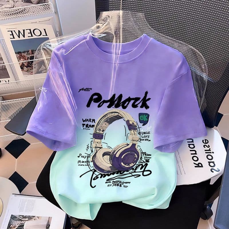 Trendy new summer pure cotton short-sleeved T-shirt for girls, gradient loose baby top, summer children's clothing
