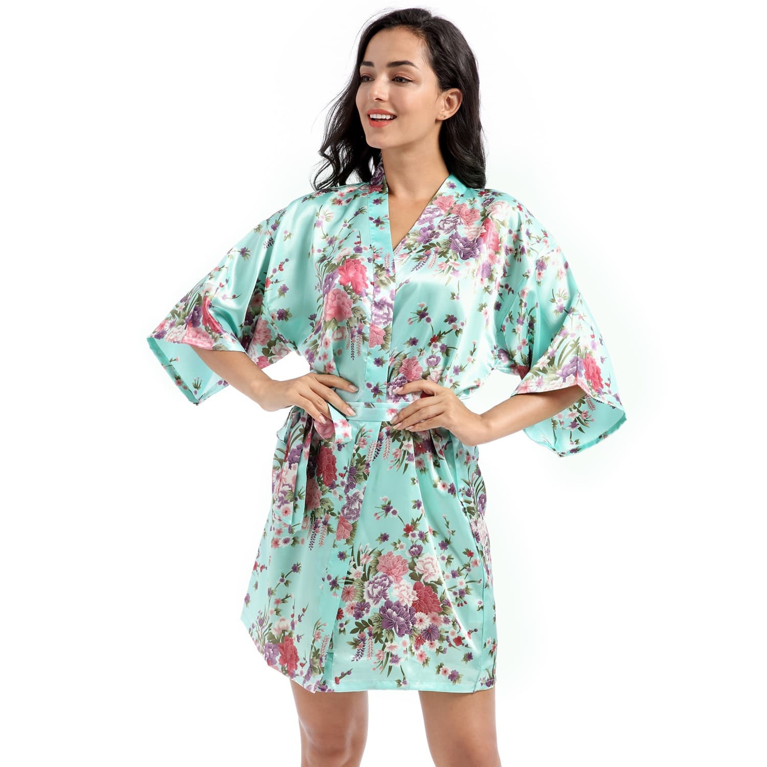 Women's Summer Short Open-Front Robe, Lightweight Plus Size Loose Satin Silk Print Narcissus Morning Robe