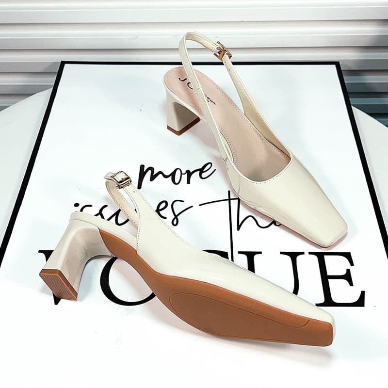 6901 Off-White Minimalist Patent Leather Simple Elegant High Heels Women's One-Strap Chunky Heel 2024 Closed-Toe Sandals