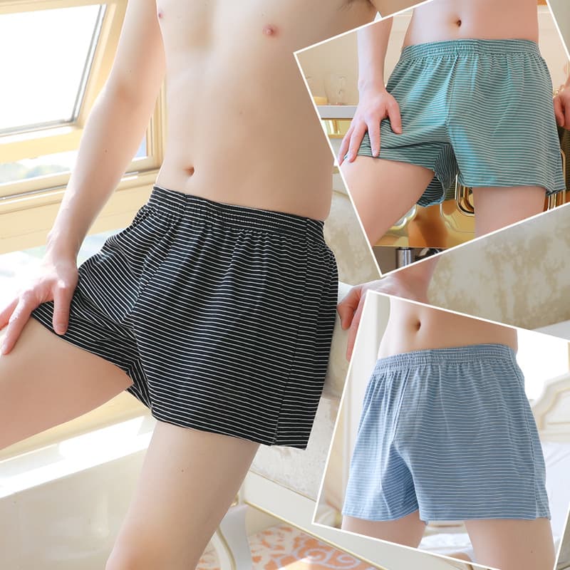 Men's Loose Boxer Shorts, Youth Breathable Sports Quad Shorts, Cotton Striped Large Size Flat Briefs, Trendy