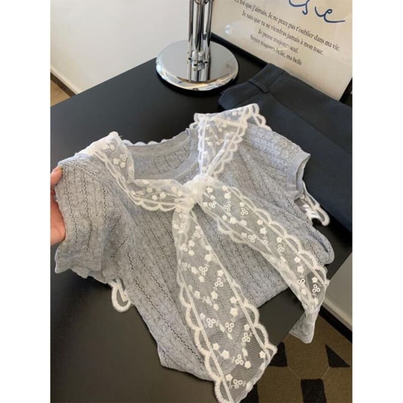 Women's Short-Sleeve Knit T-Shirt with Lace Shawl, Gray, Cropped, Straight Shoulder
