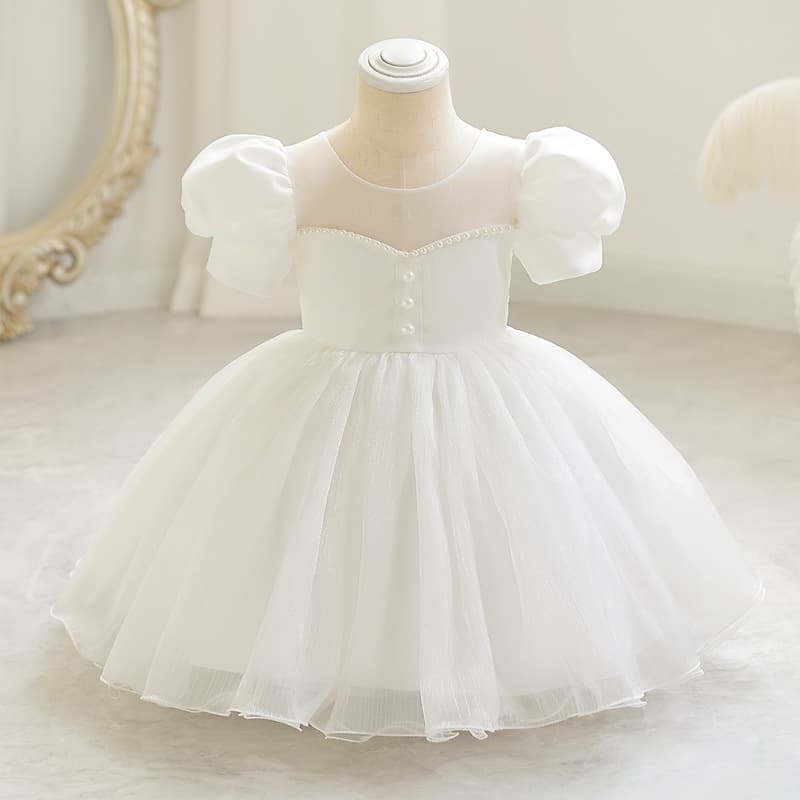 Girl's Palace Style Short Dress, Little Princess Dress with Puff Sleeves and Tulle Tutu Skirt for Little Host Performances