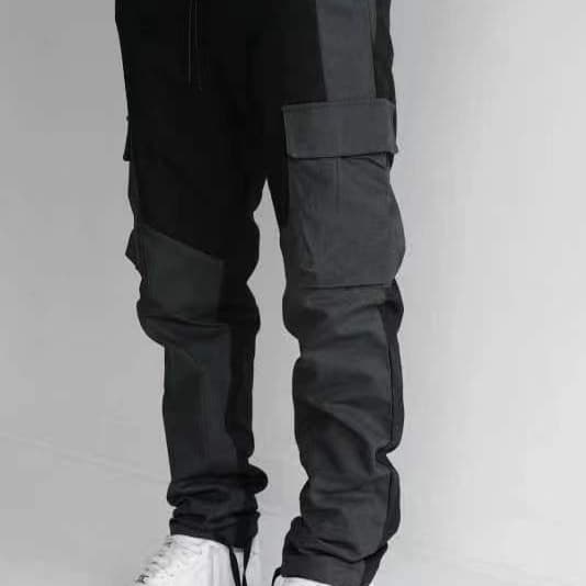 Autumn new large pocket splicing trousers for men, loose and small feet, fashionable and personalized workwear pants, sports casual pants