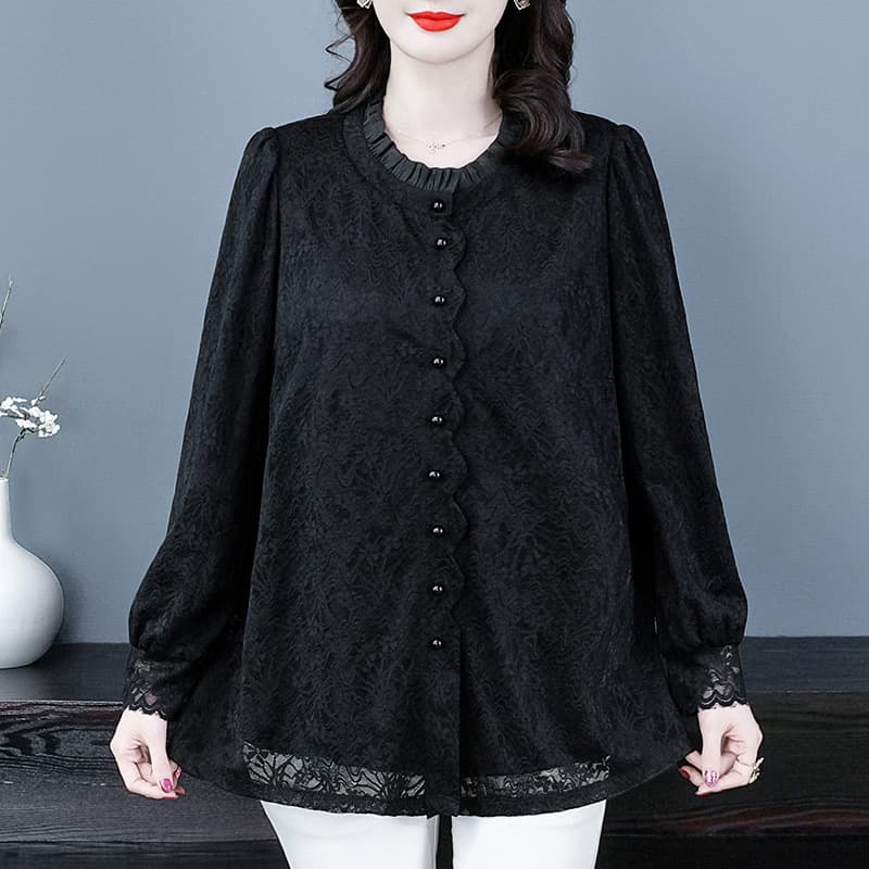 2025 fashion lace high-end autumn and winter new style long-sleeve versatile shirt top, oversized slimming for plus-size moms.
