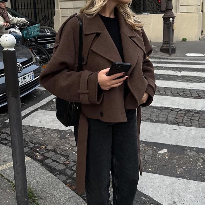 2025 New Cross-Border Foreign Trade European and American Women's Clothing Amazon Large Lapel Woolen Fashion Short Belt Coat Jacket