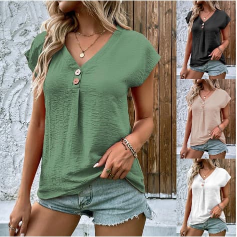 2024 Spring/Summer Foreign Trade Women's Wear Amazon Wish Cross-border New Solid Color Button Fashion Short Sleeve Top for Women