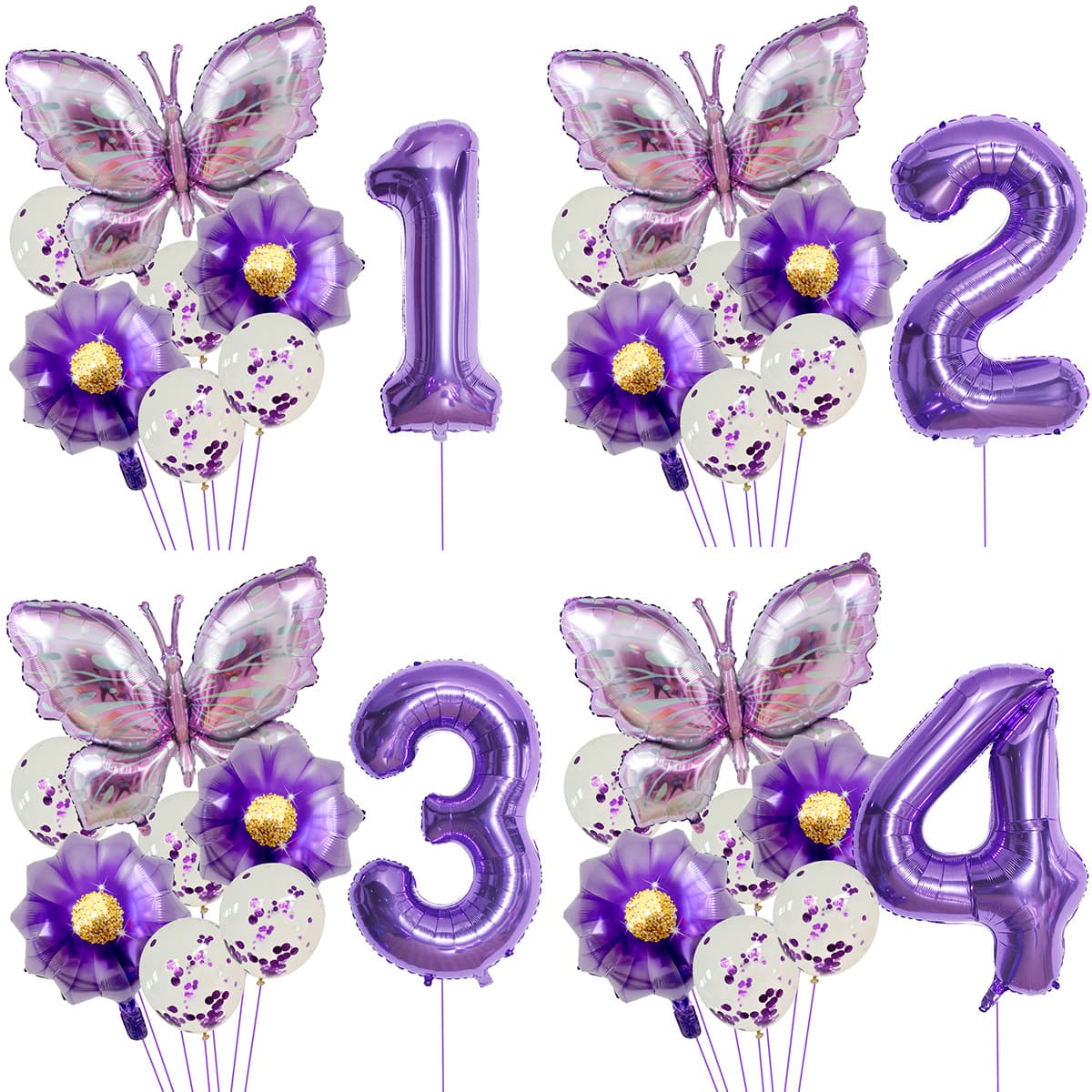 New Purple Butterfly Flower Number Aluminum Film Balloon Set for Kids Birthday Party Decoration Indoor Arrangement