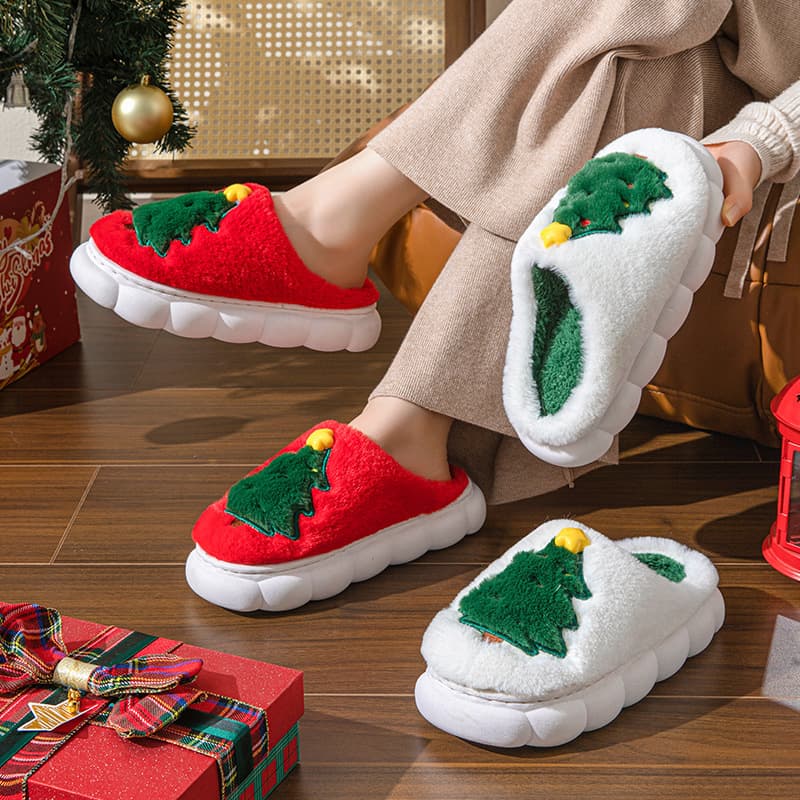 Women's Christmas Tree Cotton Slippers, Home Couple Slippers, Autumn and Winter Warm Cotton Slippers, Thick Sole Slippers