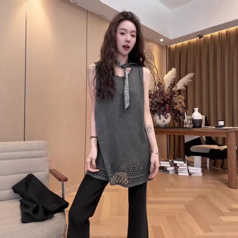 American lazy style outer vest summer new retro loose casual mid-length suspender unique top women's trend