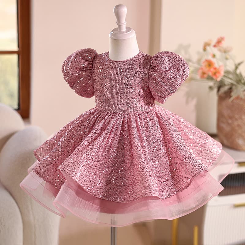 Girls Sequined Short Princess Tulle Dress, Kids Runway Host Performance Costume for Summer