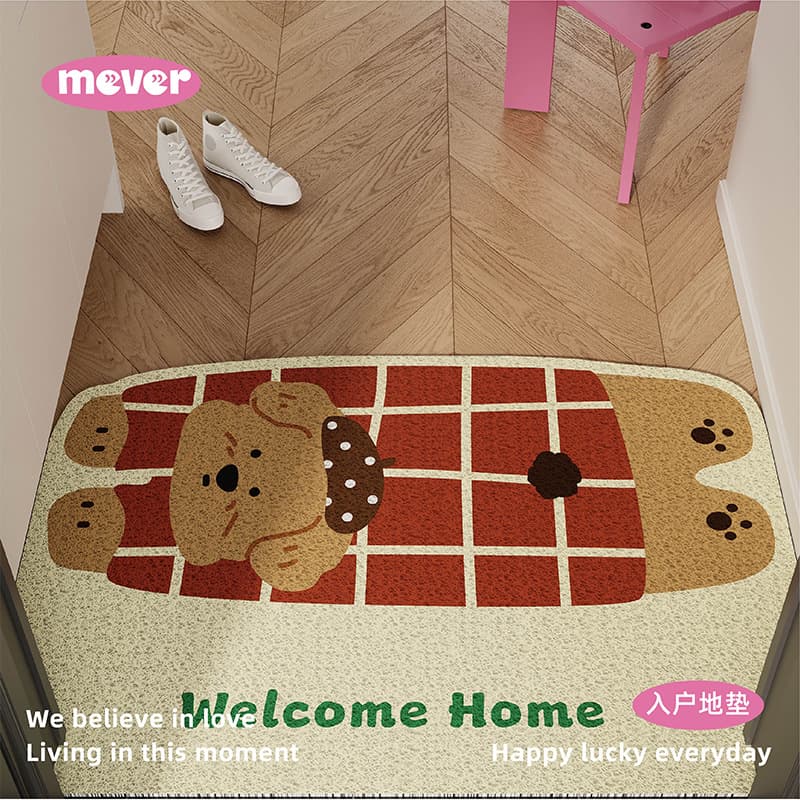Korean-style Instagrammable checkered puppy doormat, scraper/frame type, anti-slip, stain-resistant, customizable for entryway, hallway, or doorway.